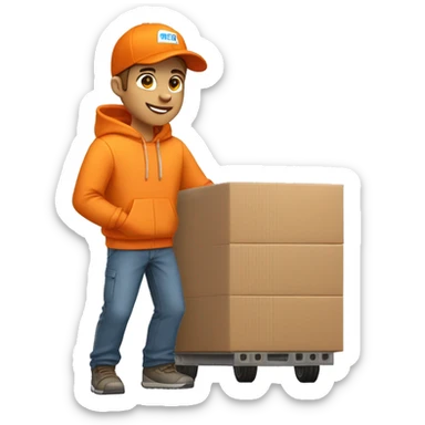 Delivery boy, full body, light skin tone, wearing orange cap and orange hoodie, kex delivery company uniform loading a package ,background security pos sticker