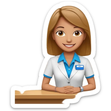 receptionist standing on hotel reception desk in front of tourists sticker