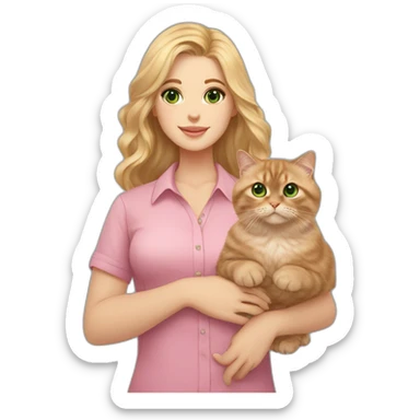 woman with green eyes and long wavy blonde hair and in a pink shirt is holding a very fluffy and fat brown Scottish fold cat sticker