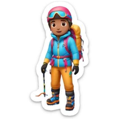 A 3D cartoon mountaineer standing on a snowy Everest-like summit with a flag, wearing colorful climbing gear, soft lighting, Memoji-style.negative : Flag sticker