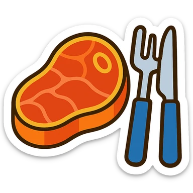Add a fork and knife next to the steak, keeping the vibrant toon style, with no background. sticker