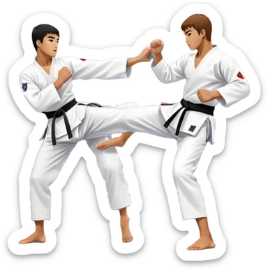 Two taekwondo fighters in traditional white doboks with black belts compete in a dynamic match. One delivers a high kick, while the other blocks using their knee. The background features a professional arena with bright lights and spectators. Transparent background. sticker