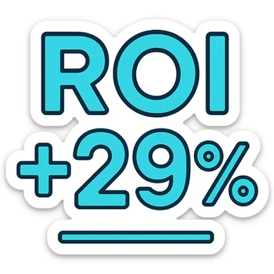 text 'ROI +29%' in bold font, light cyan blue color, lineal color icon style with black outlines sticker