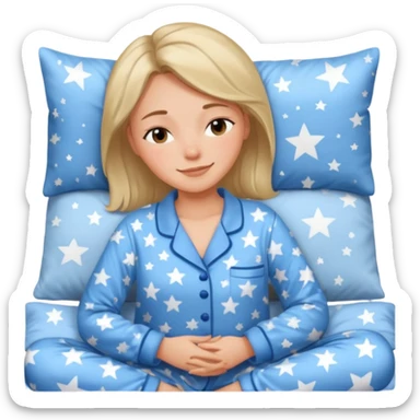 {
      "type": "human",
      "look": "woman in star-print pyjamas, soft blue set, sleepy smile",
      "description": "a woman in soft blue star-print pyjamas smiling sleepily"
    } sticker