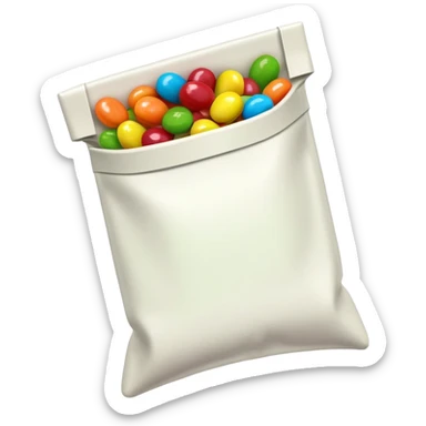 Extremely simplified half-open Skittles pouch with just a few green candies peeking out. Clean rainbow colored minimal design. sticker
