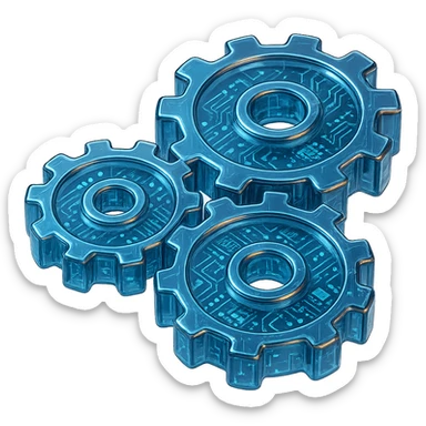 a detailed set of three round gears, shiny, metallic, in glossy circuit style design, high-tech, intricate details, vibrant reflections sticker