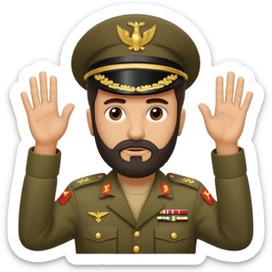 surrenders, depicts an Iraqi soldier from 1980, with a beard, a sad face and raised hands sticker