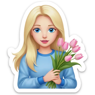 Cinematic realistic blonde with long hair, blue eyes and pink lips, dressed in jeans and a white sweatshirt, holding a bouquet of tulips in her hands sticker