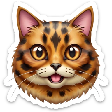 Cinematic Comical Tortoiseshell Cat Portrait Emoji, Head cocked dramatically with an over-the-top shocked expression, featuring a rich mottled fur of browns and blacks and wide, comically animated eyes full of playful disbelief, simplified yet hilariously detailed, glowing with a bold, sassy radiance, high shine, exuding a mischievous and spirited charm, styled with a soft glowing outline, capturing the essence of a tortoiseshell cat that appears ready to burst into comical antics! sticker