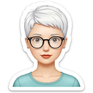 White woman with cropped short pixie white hair, glasses sticker
