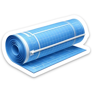 side perspective of a blue rolled-up blueprint plan with white lines sticker