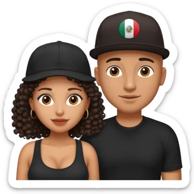 A picture of a cute tanned couple. the man is Mexican, with a bald hair cut wearing a SnapBack hat and a black shirt. the woman is mixed, she has curly longer dark brown hair, wearing no hat, and with big boobs  sticker