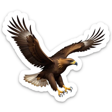 cinematic-golden eagle-realistic-full-body-soaring-emoji,-massive-wings-spread-wide-against-the-open-sky,-sharp-beak-curved-and-powerful,-piercing-golden-eyes-scanning-the-land-below,-strong-feathered-legs-tucked-tight,-dark-brown-feathers sticker