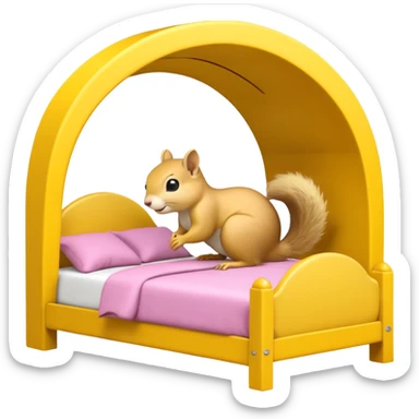 The features a bed themed as a large, cheerful, yellow squirrel. The squirrel's head forms an archway over the bed, with large black eyes, a small pink nose, and prominent white cheeks. The bed frame and arch are bright yellow with integrated yellow LED lighting running along the curves.  sticker