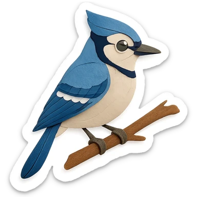 blue jay sitting on a branch, delicate paper layers, expressive eye, naturalistic pose sticker