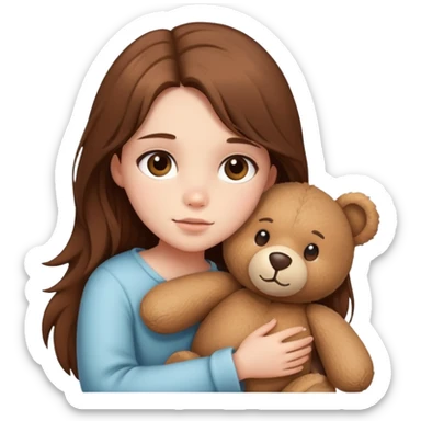 A girl with long brown hair wrapped around a teddy bear sticker