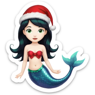 black haired mermaid with christmass hat sticker