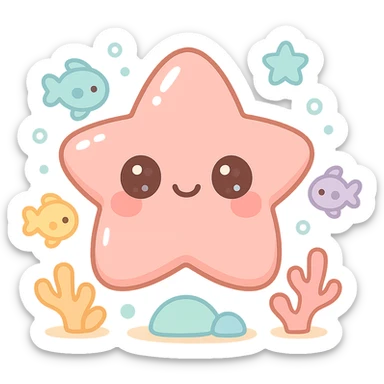extremely cute underwater cartoon starfish, big round head, huge sparkling eyes, small smiling mouth, pink shiny skin, rosy cheeks, soft pastel colors, plastic toy-like texture, chibi style, surrounded by colorful fish and coral, gentle lighting, 3D-rendered, high detail, kawaii aesthetic sticker