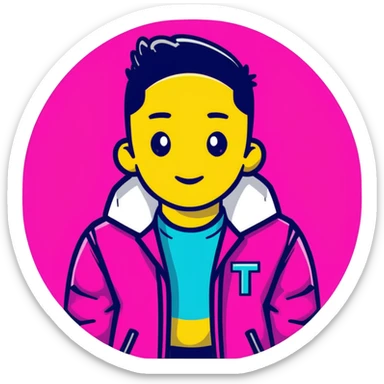 Minimalist sticker with white 'tt' letters on a black circle with cyan, magenta, and yellow dots below, jacket with street style influence sticker