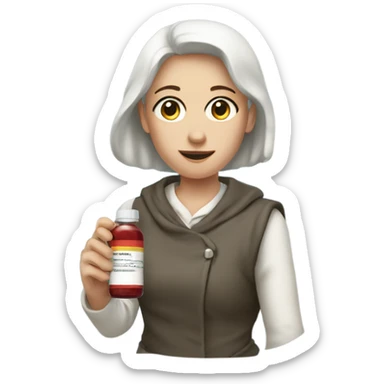 anniek with big pupils holding a medicine bottle sticker