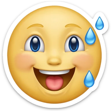 Emoji, yellow round laughing face, blue tears of joy on it. 2 big blue tears on each of the 2 cheeks sticker