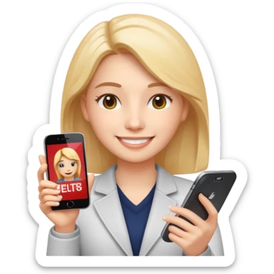 3D emoji style sticker, confident young woman, white background, smiling, holding a smartphone with IELTS result screen showing Overall 8.0, acceptance letter from a European university visible, calm confident energy, soft lighting, minimalistic, clean astrology emoji style sticker