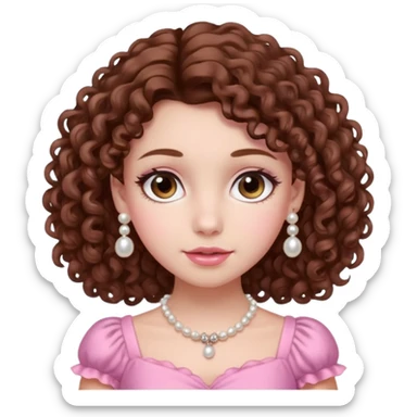 A girl with a brown curly hair and beautiful brown eyes and white skin and pink dress with pearl jewelry sticker