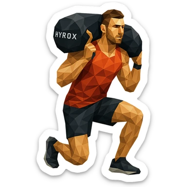 polygonal low-poly style athlete carrying a Hyrox sandbag on shoulder sticker