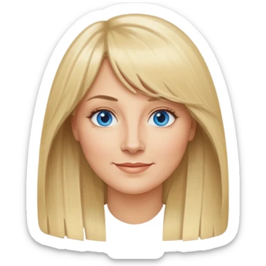 40 yr old white woman, curtain bangs, long straight blond hair, oval face, small smile, blue eyes sticker