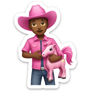 boy wearing a pink cowboy hat with pink dress holding a pink pony toy sticker
