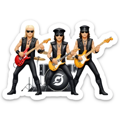 Icon for Rock Music: Scorpions live concert on stage with electric guitars, drums, and a powerful spotlight. Klaus Meine at the microphone, Rudolf Schenker and Matthias Jabs playing guitars, dynamic stage presence, and electric energy. Transparent background. sticker