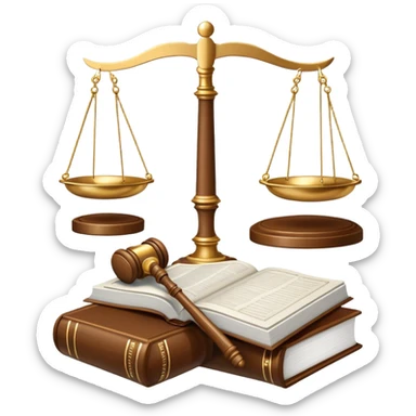 An icon featuring scales of justice, a gavel, and a legal book, symbolizing the study of law. The design includes courthouse pillars in the background, representing authority and legal systems. Transparent background highlights the principles of justice, order, and legal education. sticker