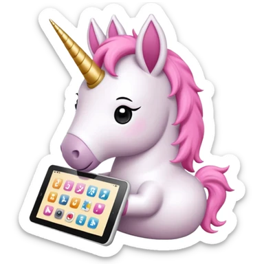 Emoji WhatsApp di un unicorno di peluche bianco con corno rosa, cuffie nere e e-reader. Stile vettoriale pulito, forme arrotondate, colori morbidi, espressione dolce, sfondo trasparente. sticker
