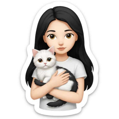 a girl with long dark black hair, in a white t-shirt, hugs a persian kitten 3 months old black and white one cat. emoji | AI Emoji Generator sticker