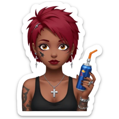 generate an ios genmoji of a girl with dark red messy hair with eyeliner on her eyes.  septum piercing, wearing a cami black top, has tattoos, on shoulders. ear piercings. wearing a cross silver necklace. Holding a redbull. dusky skin color.  sticker