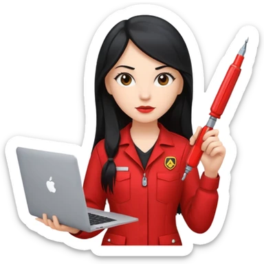 Gere um emoj estilo IOS de uma garota branca, de longos cabelos pretos vestida com um uniforme vermelho de mecanica,ela segura em uma das maos uma chave de fenda e na outra um mackbook sticker