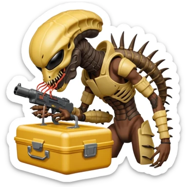 The Predator, as in the 1987 movie, with full armor, laser gun and mask eating an Alien facehugger from a lunchbox, the setting should be dark and sci-fi. sticker