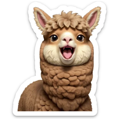Cinematic Cute Yawning Brown Alpaca Portrait Emoji, Head tilted slightly with a dramatic, wide-open yawn, showcasing a soft, plush brown fleece with gently drooping ears, round warm eyes barely open in drowsy contentment, Simplified yet irresistibly adorable features, highly detailed, glowing with a soft, cozy glow, high shine, relaxed yet expressive, stylized with a touch of whimsy, bright and endearing, soft glowing outline, capturing the essence of a sleepy yet affectionate alpaca, so drowsy it feels like it could stretch out of the screen and curl up for a nap! sticker