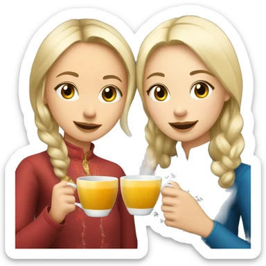 A blonde Russian girl and Asian girl drinking tea at Christmas time sticker
