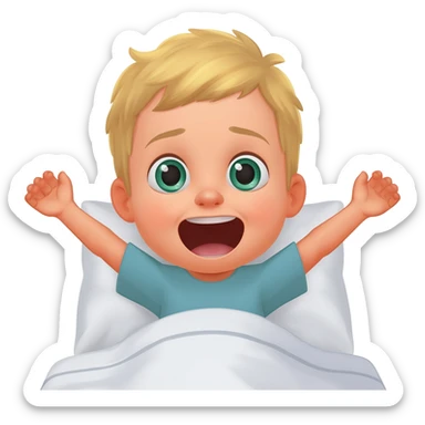 3 year old blonde boy with green-blueish eyes waking up from bed, raising both arms up and yawning. No tears. No scared face, he looks sad! Make the boy smiling with no teeth showing sticker