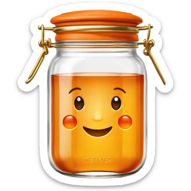 Hermès-style vintage jam jar, glass with Hermès orange lid and gold accents, luxury, cute emoji style sticker