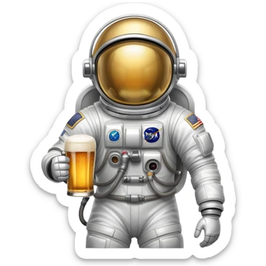 a full astronaut space suit with a pint of delicious beer inside it instead of a human, the glass of beer visible through the helmet sticker