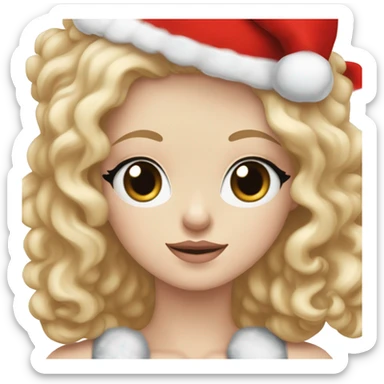 Pretty blue eyed white girl with blonde long wave hair with a santa claus hat and holding a brown toy poodle with short eras sticker