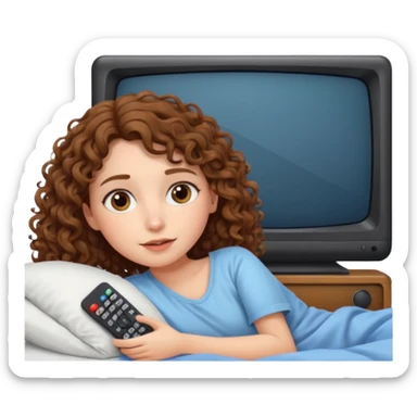 Draw a girl with shoulder-length curly hair, lying in bed watching TV, but make her look at the TV. sticker