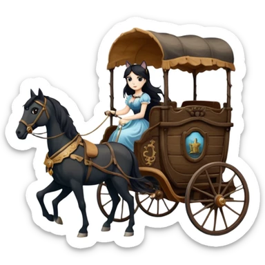  Rustic all black antique wood Barbie Gypsy 1854 pretty dark-haired Catgirl driving a huge horse-drawn fancy French stagecoach Caravan on a bumpy scary ghost trail in the woods  sticker