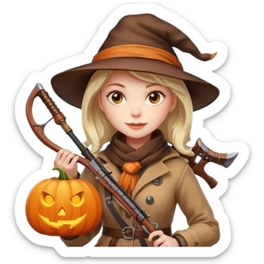 female human monster hunter emoji, wearing brown coat and hat, holding crossbow, soft smile, scarf, glowing pumpkin by her side, Halloween fantasy style, clean vector Apple emoji look, bright colors, white background, square sticker