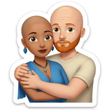 Bald white male with ginger beard and blue eyes hugging indian brown woman with short DARK black hair sticker
