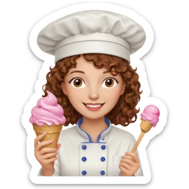 woman brown curly hair, chef, eating pink ice cream sticker
