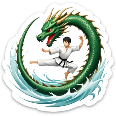 An icon symbolizing Eastern martial arts in the style of an emblem, featuring a black-and-white Yin-Yang symbol at the center and a powerful dragon wrapping around it. A martial artist is performing a fluid kick, surrounded by elements like a dojo and bamboo. Transparent background sticker