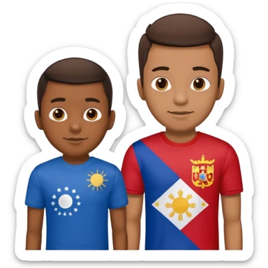 2 male Best buds , one in showing Philipines flag tshirt, one is showing Spain flag sticker